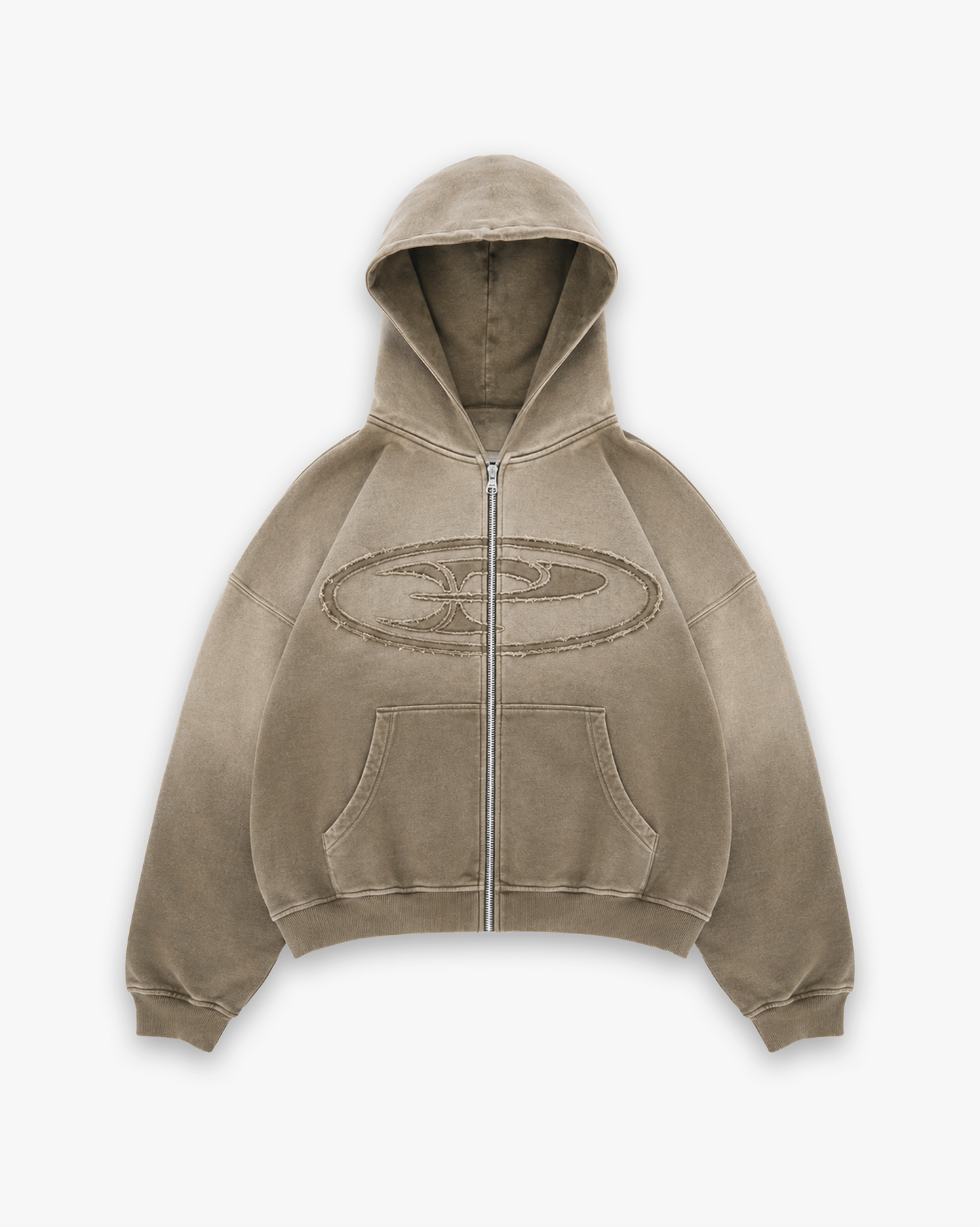 RAW FADED APPLIQUE ZIP HOODIE - BEIGE