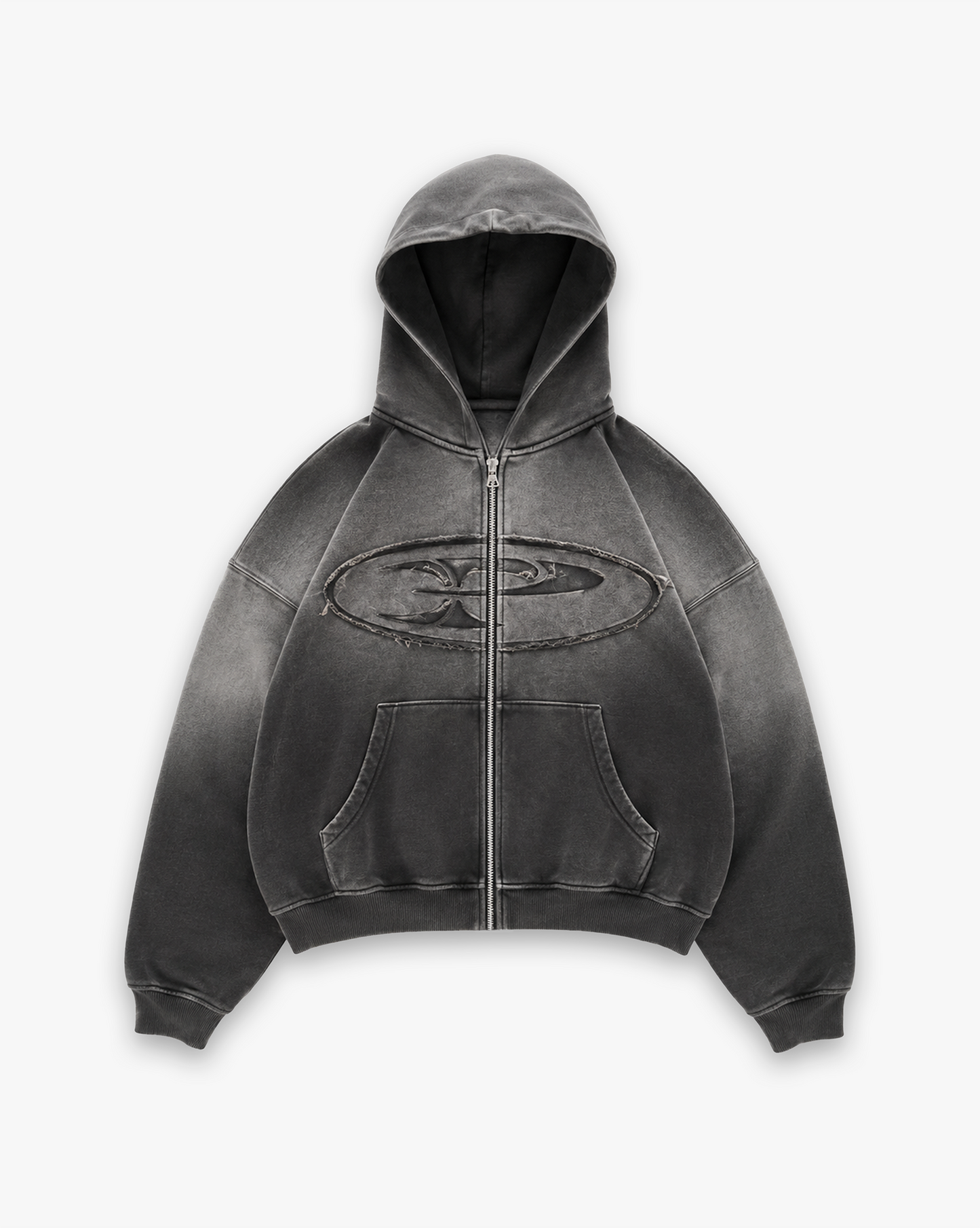 RAW FADED APPLIQUE ZIP HOODIE - BLACK