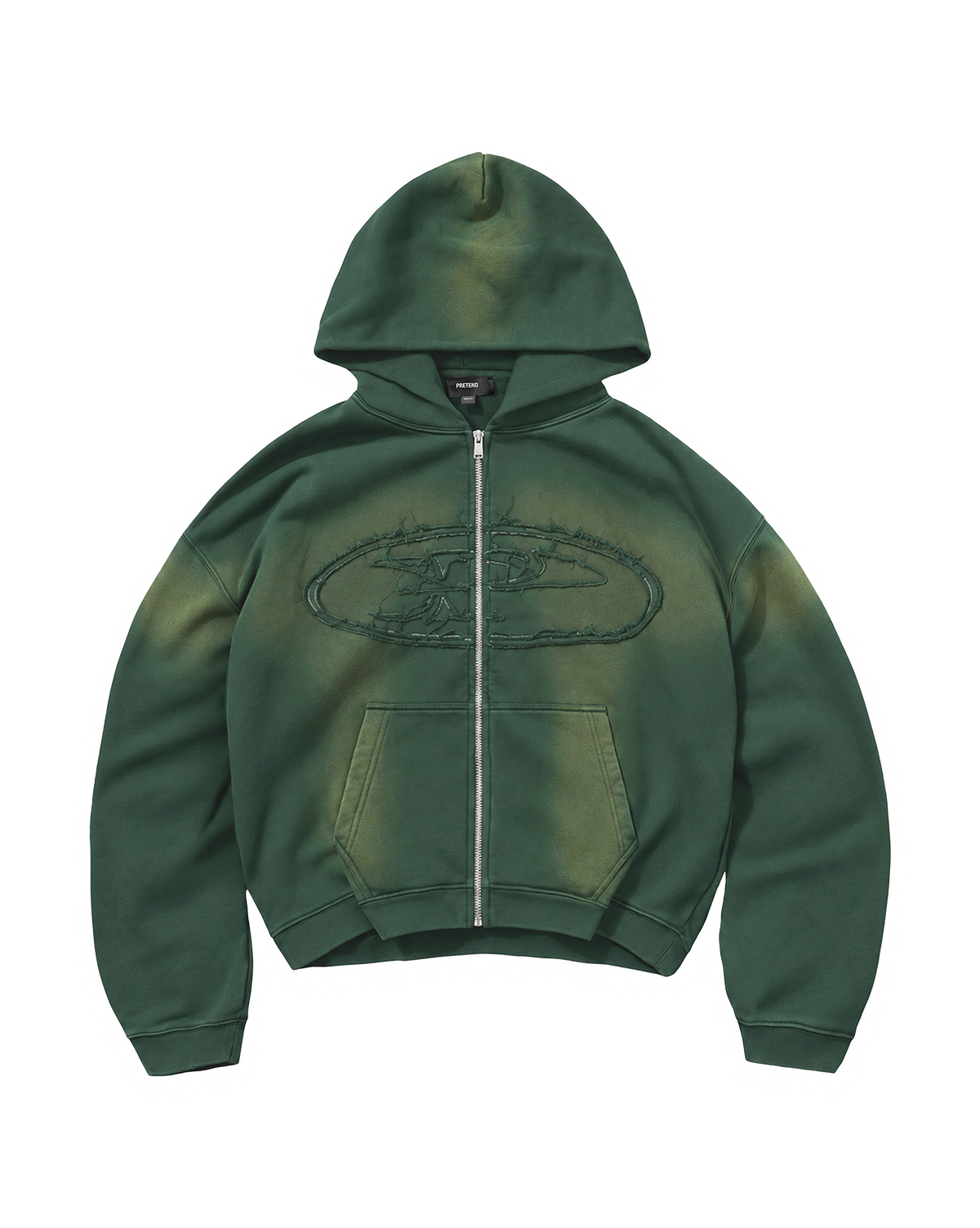 RAW FADED APPLIQUE ZIP HOODIE - GREEN