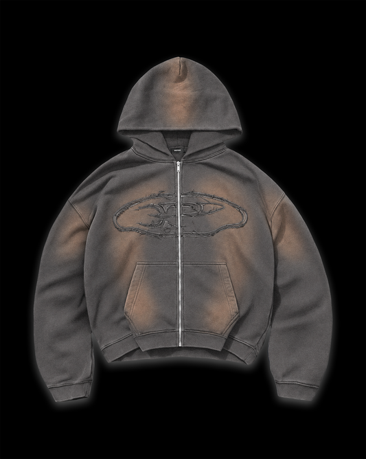 RAW FADED APPLIQUE ZIP HOODIE - ANTRASIT