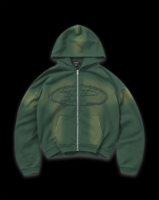 RAW FADED APPLIQUE ZIP HOODIE - GREEN