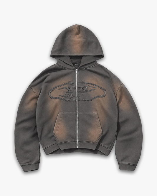 RAW FADED APPLIQUE ZIP HOODIE - ANTRASIT