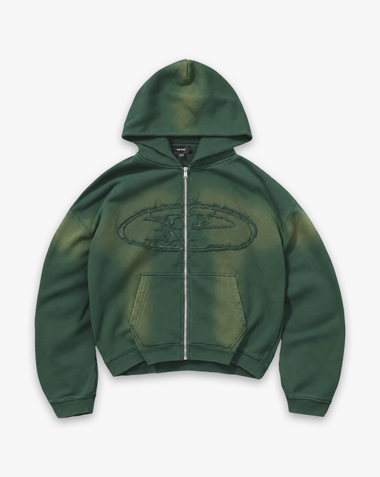 RAW FADED APPLIQUE ZIP HOODIE - GREEN