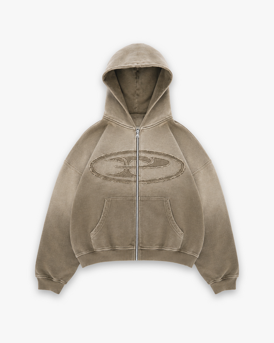 RAW APPLIQUE ZIP HOODIE - BEIGE
