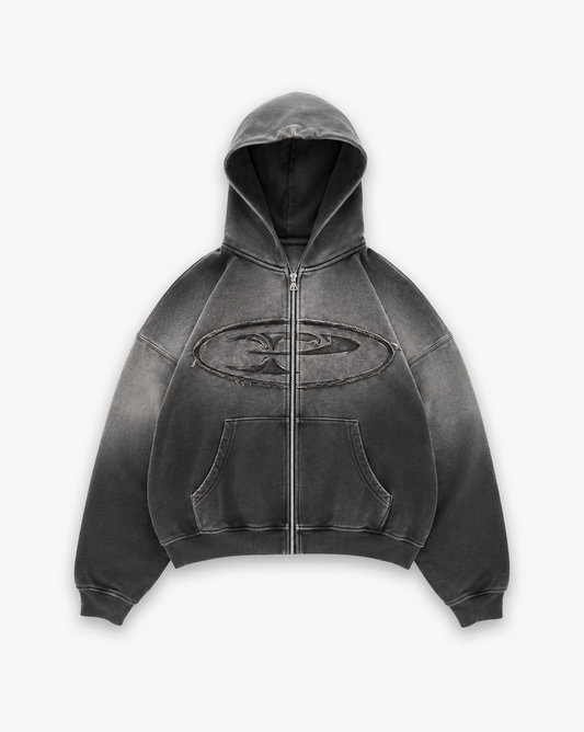 RAW FADED APPLIQUE ZIP HOODIE - BLACK