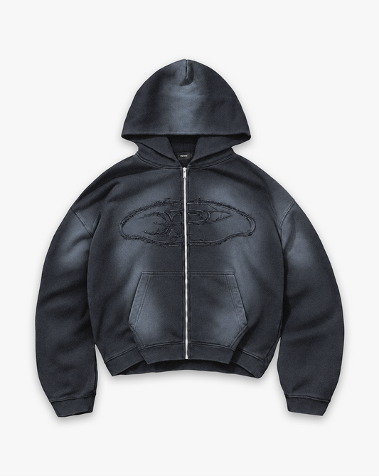 RAW FADED APPLIQUE ZIP HOODIE - BLACK
