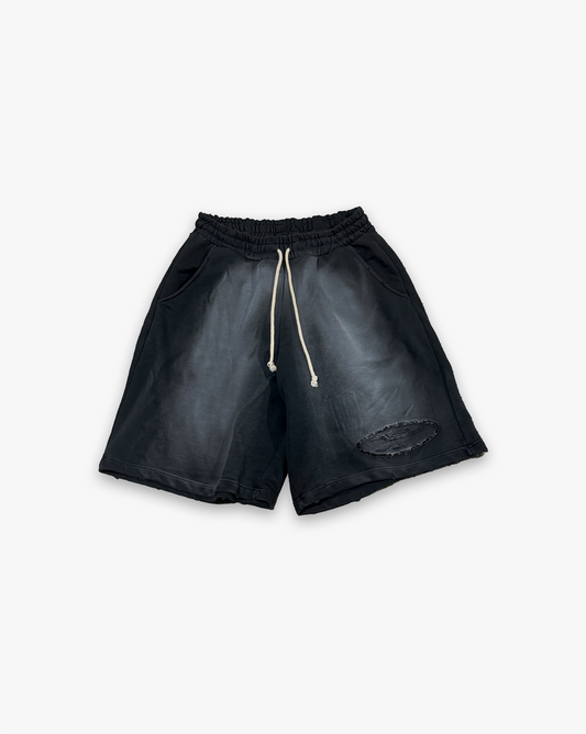 RAW FADED APPLIQUE SHORTS - BLACK