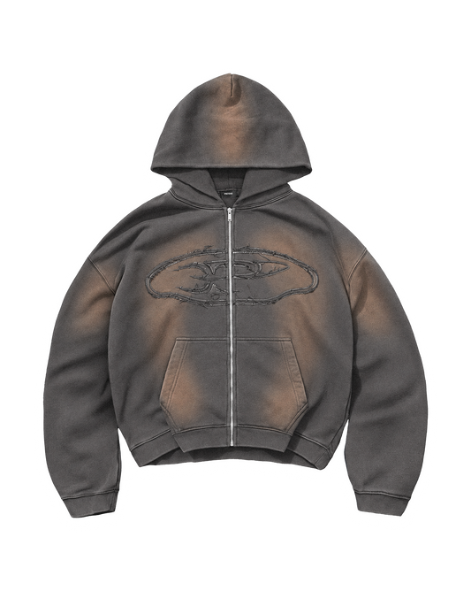RAW FADED APPLIQUE ZIP HOODIE - ANTRASIT