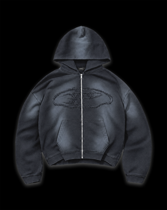 RAW FADED APPLIQUE ZIP HOODIE - BLACK