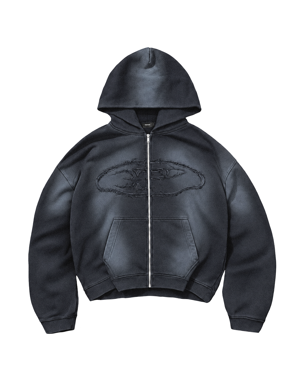 RAW FADED APPLIQUE ZIP HOODIE - BLACK