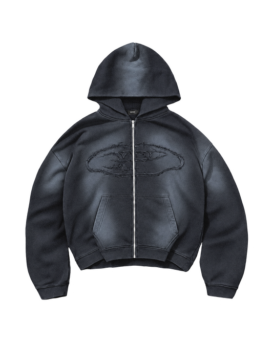 RAW FADED APPLIQUE ZIP HOODIE - BLACK