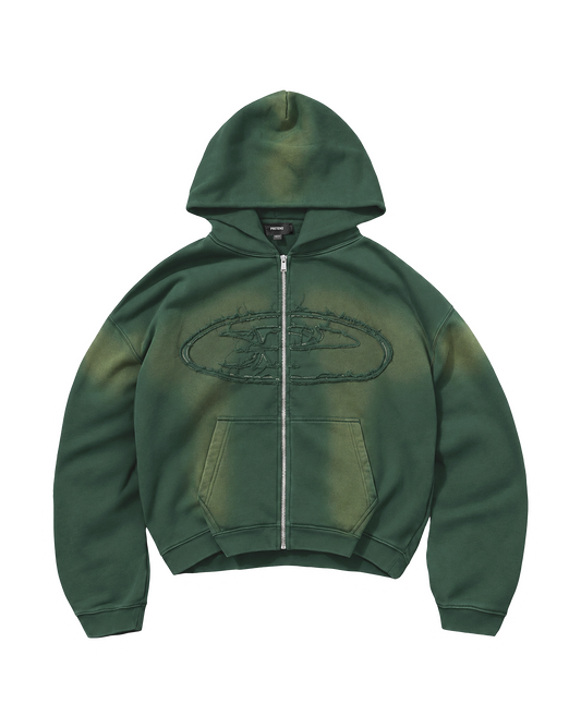 RAW FADED APPLIQUE ZIP HOODIE - GREEN